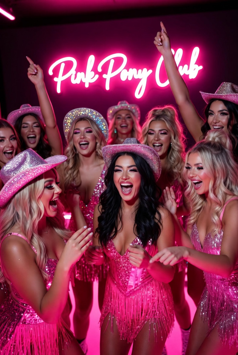 Pink Pony Club neon sign with dancers in sequin dresses