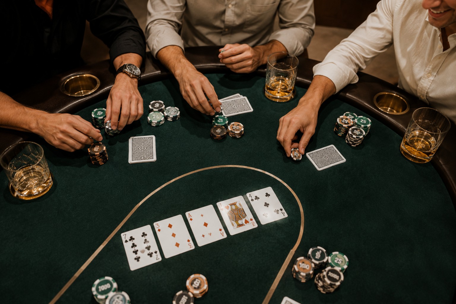 Close-up of a luxury bachelor party poker table with custom clay chips, Copag cards, and whiskey glasses under warm pendant lighting