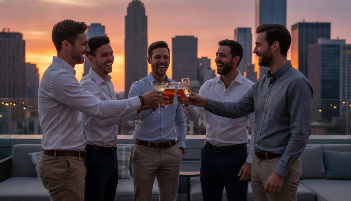 Five men at a rooftop bar during a bachelor party city weekend, golden hour lighting, drinks raised mid-toast, candid and celebratory