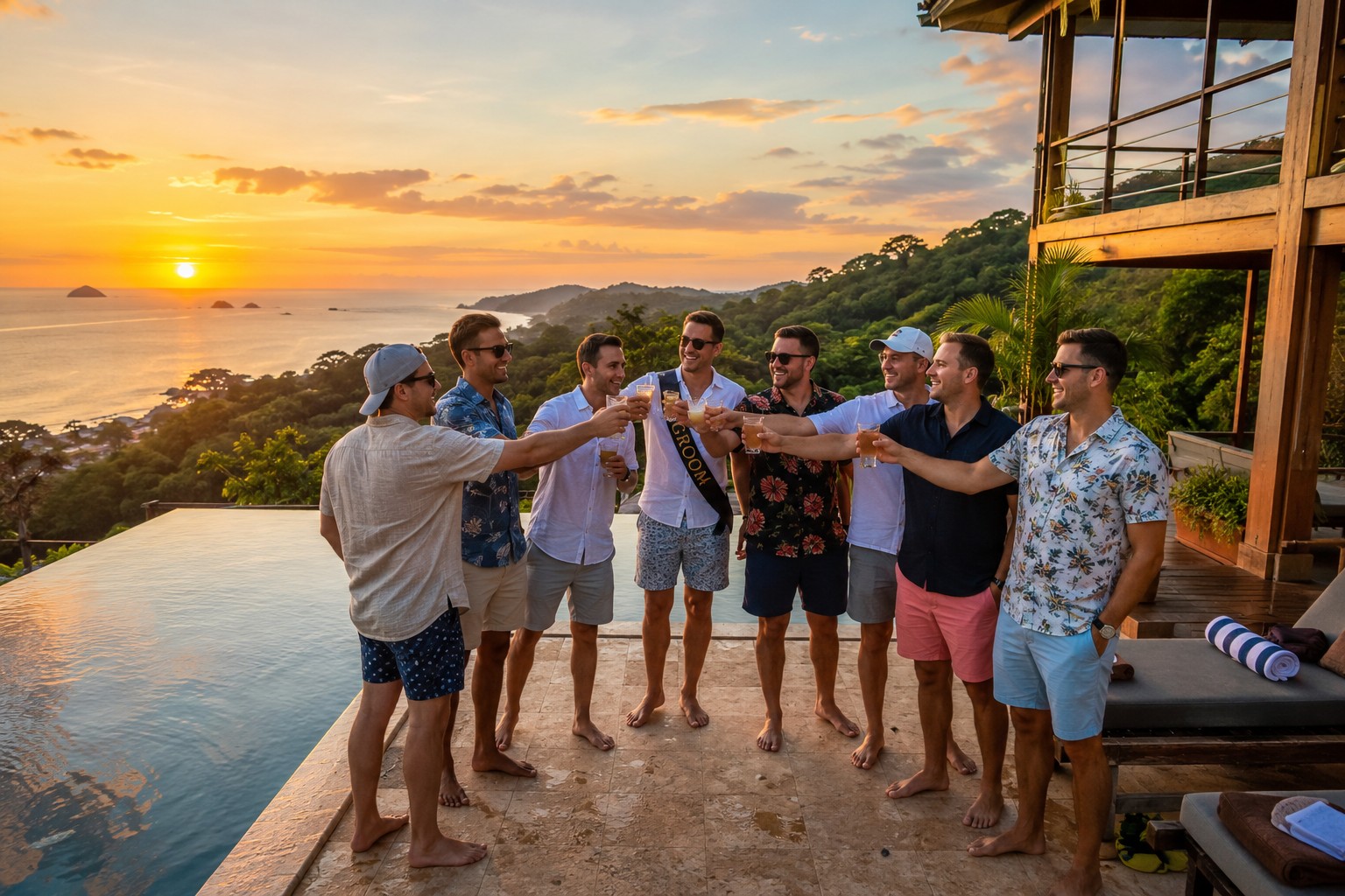 Group of men in their late 20s lounging around a private villa pool in Jaco Costa Rica with palm trees and Pacific coast hills visible behind