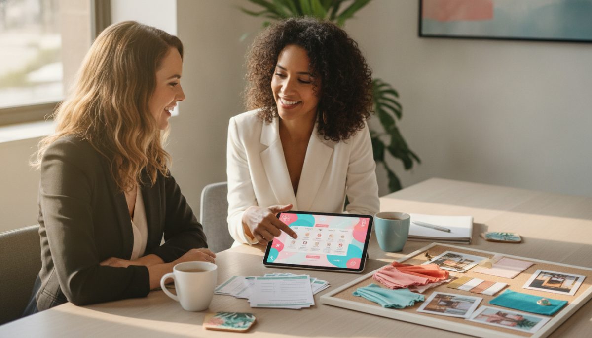 A bachelorette party organizer reviewing a planning itinerary on a tablet with a coordinator, booking confirmations and a destination mood board visible