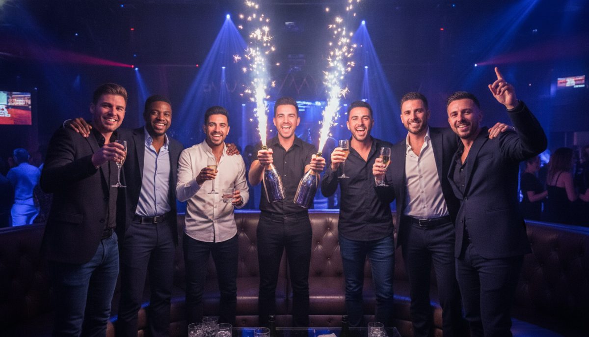 A bachelor group in a Las Vegas nightclub VIP booth with bottle service and sparklers, celebrating a booked package